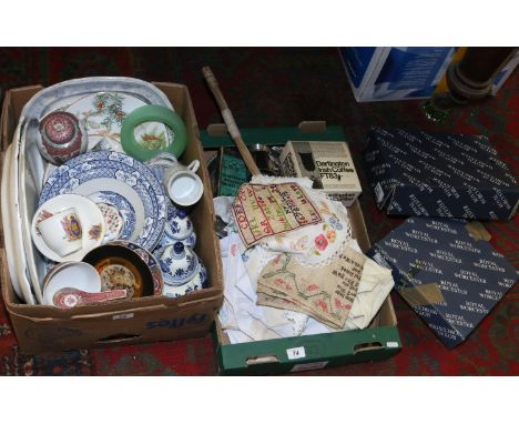 Two boxes of miscellaneous including blue and white, tourist wares, Delft, boxed Royal Worcester sandwich plates, mixed early