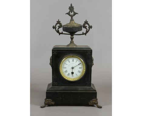 A C19th French slate cased mantel clock with gilt metal urn finial, mask handles and bracket feet with enamel dial,signed H. 