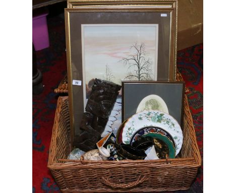 A wicker basket and contents of framed pictures and collectables including Lladro, Crown Staffordshire, Native American style