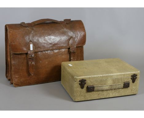 A vintage snakeskin and leather satchel and a small vintage case with faux snakeskin covering.