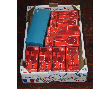 A box of Bleikristall ruby flash cut glass decanter and eight glasses.