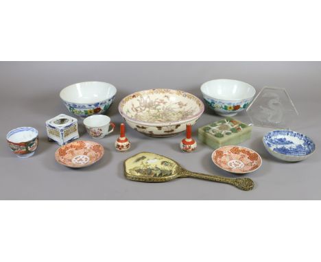 A collection of mixed oriental wares mainly ceramics including Japanese Kutani and Imari, Chinese Ducai type bowls and a jade