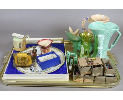 A tray of collectables, Coalport, Sylvac, Royal Doulton, Crown Devon ceramics, Mary Gregory green glass vase, collection of R