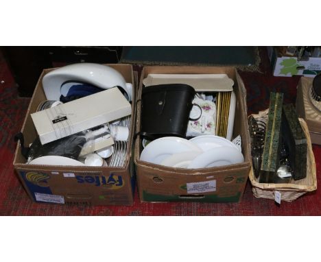 Two boxes and a basket of miscellaneous ceramics, glass and metalware to include Crown Devon tray, Miranda binoculars, collec