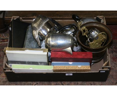 A box of metalwares to include tea services, cased cutlery, cigarette case and a copper planter etc.