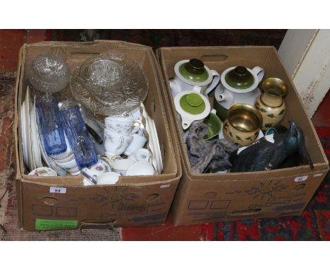 Two boxes of miscellaneous including glasswares, Whitefriars style vases, Royal Crown Derby, Aynsley, Wedgwood, vintage tea/c