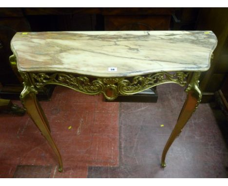 A pink marble topped brass based console hall table, 84 x 100 cms