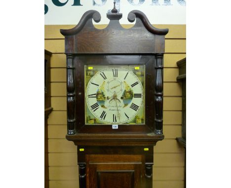 An early Victorian oak and mahogany longcase clock with broken swan neck pediment and turned finial, applied half cut flankin