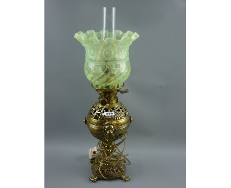 A good quality Jas Lee & Son, Liverpoool Hinks patent lamp with highly decorative vaseline glass shade (later converted for e