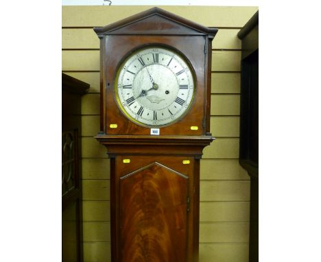 A 19th Century mahogany longcase clock with 12 ins diameter silvered dial marked Robert Chignell, London, twin weight pendulu