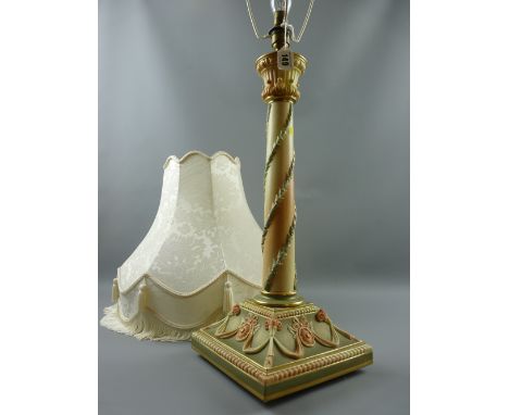 A good Royal Worcester blush decorated table lamp and shade, having a square beaded edge base with ram's head swag and gilt h