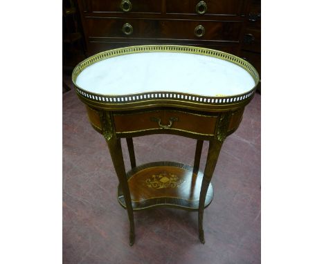 A reproduction French style marble topped kidney shaped side table with single drawer, brass embellishments and lower inlaid 