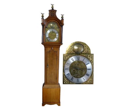 J. Hall, Beverley, a George III oak long case clock, c.1770, the eight day movement striking on a bell, the 12" brass dial wi