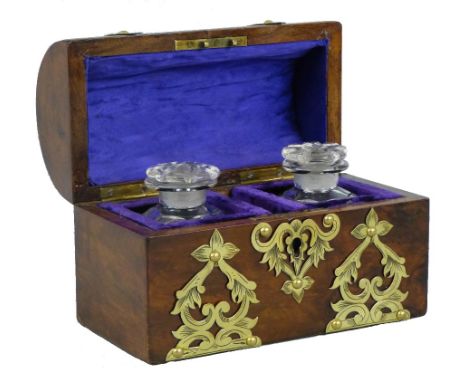 A Victorian burr walnut perfume casket, with pierced and chased brass strapwork mounts, the domed hinged lid opening to revea