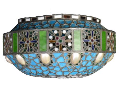 A leaded glass ceiling light shade, second quarter of 20th century, of drum shaped form with rounded base, the open top with 