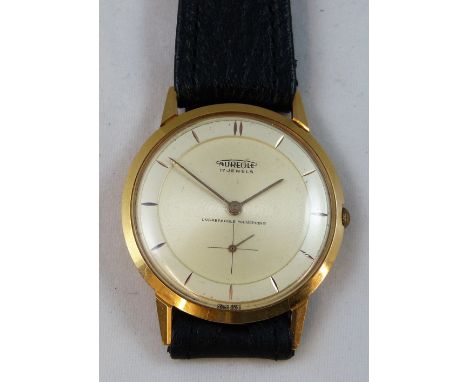 Aurole - an 18 k rose gold manual wind wristwatch, circa 1970, the two tone silver dial with gilt metal baton markings, subsi