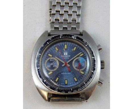 Tissot - a manual wind Seastar wristwatch, c.1970's, the blue dial with two subsidiary dials and centre stop seconds, diamete