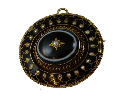 A Victorian gold, enamel, agate and pearl morning brooch, c. 1870, of oval form, the central banded agate inset with a half p