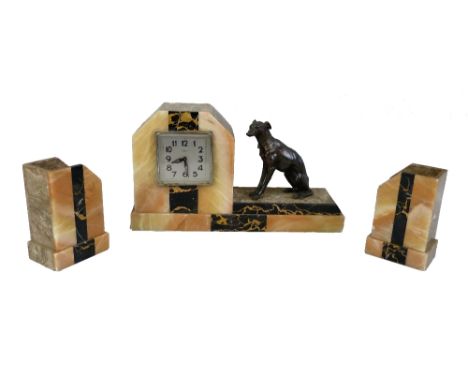 A French Art Deco marble and spelter clock garniture, the square silvered dial signed Bayard, the eight day  movement stamped