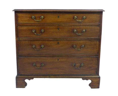 A George III mahogany chest, of four long graduated cockbeaded drawers, with moulded edged oblong top and bracket feet, 90cm 