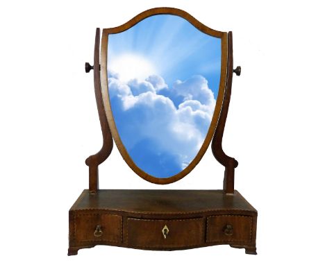 A 19th century satinwood cross-banded mahogany swing toilet mirror, of shield shaped form with chequered edging, curving supp