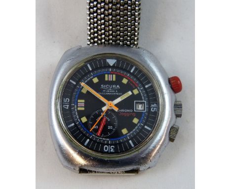 Sicura -  a manual wind stainless steel Jogging chronograph wristwatch, c. 1970's, the black dial with subsidiary seconds dia