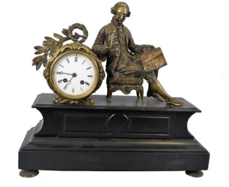 A French 19th century black slate and brass figural mantle clock, the white enamel dial with black Roman numerals, the moveme