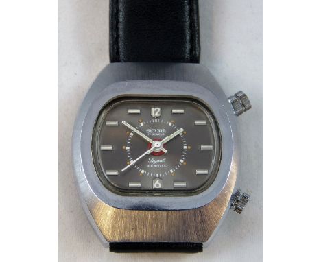 Sicura - a manual wind stainless steel Signal alarm wristwatch, c. 1970's, the grey dial with centre seconds a red alarm hand