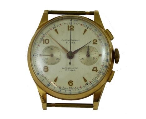 An 18 ct gold Swiss chronographe manual wind wristwatch, the silver dial with gilt Arabic, 2, 4, 6, 8, 10, 12, two subsidiary