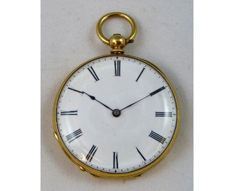 An 18 ct gold ladies key wind open face fob watch, the white enamel dial with black Roman numerals, the movement unsigned, th