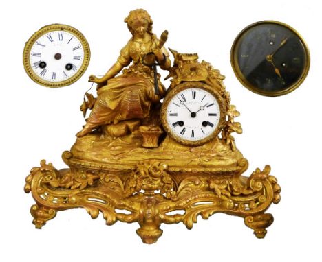 A French 19th century gilt metal figural mantle clock, the white enamel dial with black Roman numerals signed Ctin Ketterber 