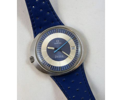 Omega - a Dynamic manual wind stainless steel wristwatch, the blue dial with date aperture, to a blue Corfam strap, diameter 