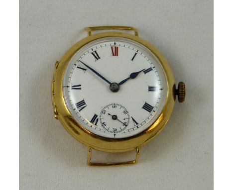 Omega - an 18ct gold manual wind wristwatch, London 1909, the white enamel dial with black Roman numerals and red XII, the mo