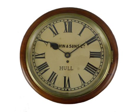 W. Elvin & Sons Ltd., a Victorian single fusee mahogany circular wall clock, the 13" cream enamel dial with black Roman numer