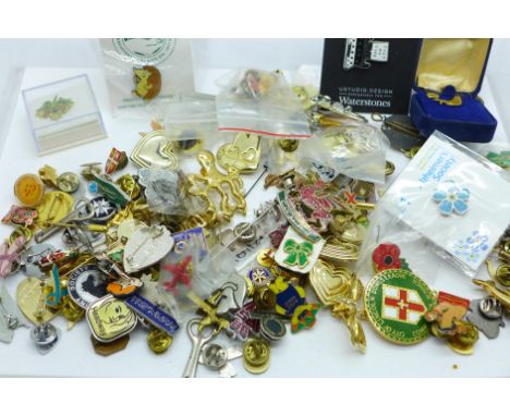 Over 140 pin badges and stick pins 