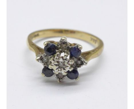 A 9ct gold, sapphire and diamond cluster ring, 2.3g, N 