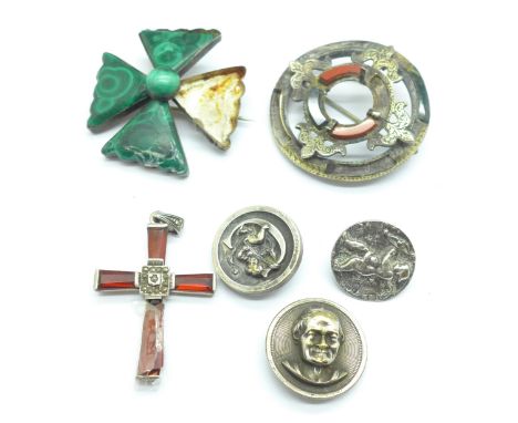 Two stone set brooches, a/f, a silver cross, a/f, and three buttons, including one hallmarked silver cupid button 