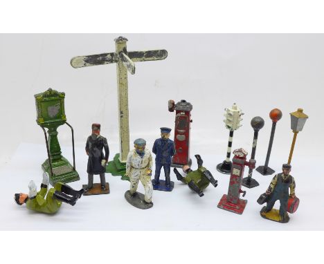 A collection of Britains &amp; John Hill lead painted figures, transport and railway related 