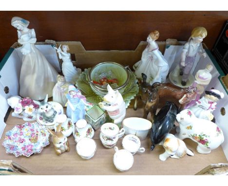 Royal Doulton figures, a Royal Worcester Trafalgar Square vase, a Beswick pig, a/f, a Poole dolphin, a glass dish and basket,