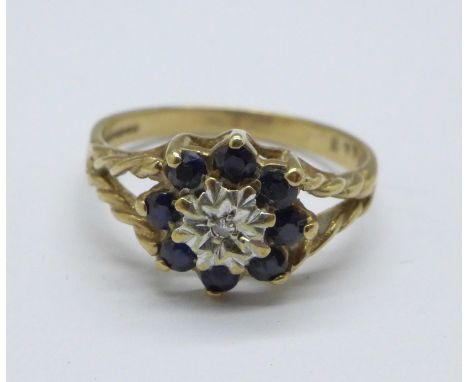 A 9ct gold, sapphire and diamond ring, 2.5g, P 