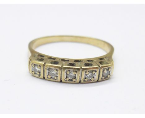 A 9ct gold, five stone diamond ring, 2.4g, M 