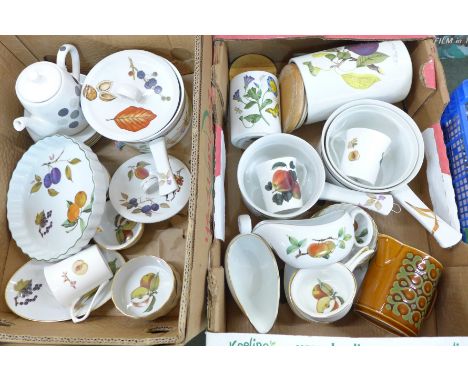 Royal Worcester Evesham kitchenwares; pans, mugs, bowls, etc., and Portmeirion Botanic Garden storage jars 
