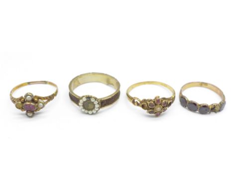 A Victorian memorial ring and three other rings, a/f, 5.3g 