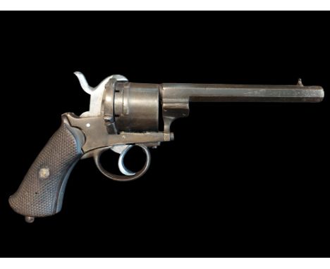 A 6-Shot .442” Pin Fire DA Revolver. A 5-3/4” octagonal sighted barrel, open frame, loading door, 2-piece hardwood grips and 