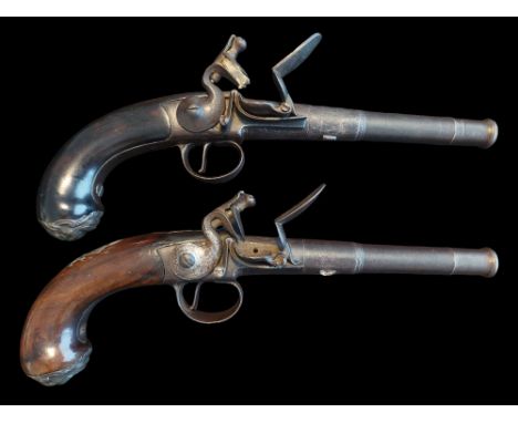 Harris of Dublin A Pair Of 22-Bore Cannon Barrelled Flintlock Box Lock Pistols by Harris. Queen Anne style with full silver m