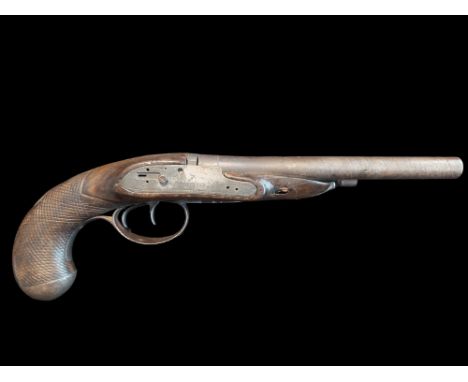 Tatham &amp; Egg of London A 20-Bore Double Barrel Flintlock Pistol. Damascus twist barrels of 8.6”, sighted rib, chisel engr