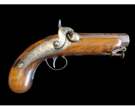 Skelton of Omagh An Irish 16-Bore Percussion Overcoat Pistol by Skelton, Omagh, c.1840. Octagonal twist 3¾” barrel of 0.655” 