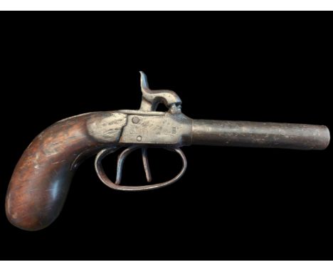 A 62-Bore Double Barrel Percussion Box Lock Overcoat Pistol. Round turn-off barrels 3.1” in length, 0.422” bores. Plain steel