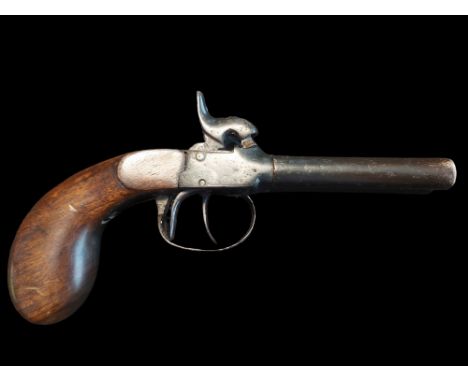 A 66-Bore Double Barrel Percussion Box Lock Overcoat Pistol. Round turn-off barrels 3.2” in length, 0.41” bores. Plain steel 