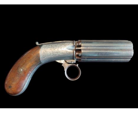 A 75-Bore (0.395”) J R Cooper Patent 6-Shot Percussion Pepperbox Revolver, Mid-19th Century. With fluted 3” barrels, foliate 